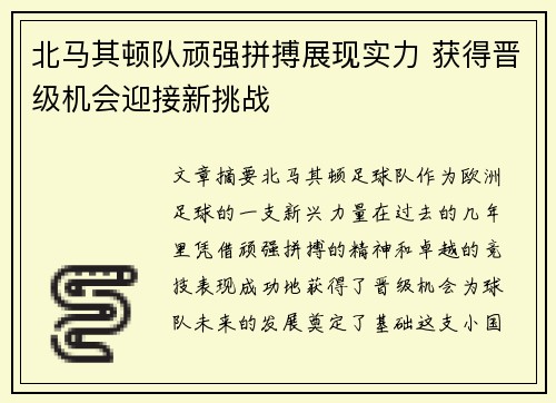 北马其顿队顽强拼搏展现实力 获得晋级机会迎接新挑战