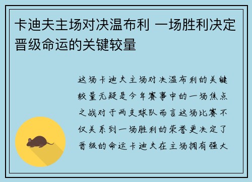 卡迪夫主场对决温布利 一场胜利决定晋级命运的关键较量