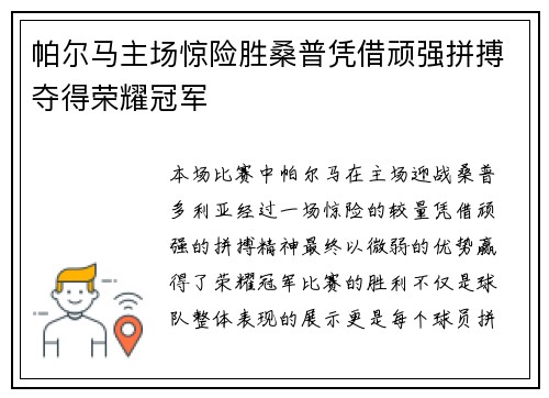 帕尔马主场惊险胜桑普凭借顽强拼搏夺得荣耀冠军