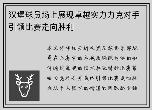 汉堡球员场上展现卓越实力力克对手引领比赛走向胜利