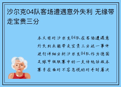 沙尔克04队客场遭遇意外失利 无缘带走宝贵三分