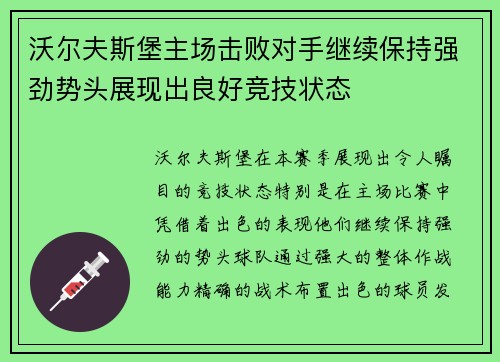 沃尔夫斯堡主场击败对手继续保持强劲势头展现出良好竞技状态