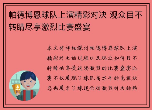帕德博恩球队上演精彩对决 观众目不转睛尽享激烈比赛盛宴